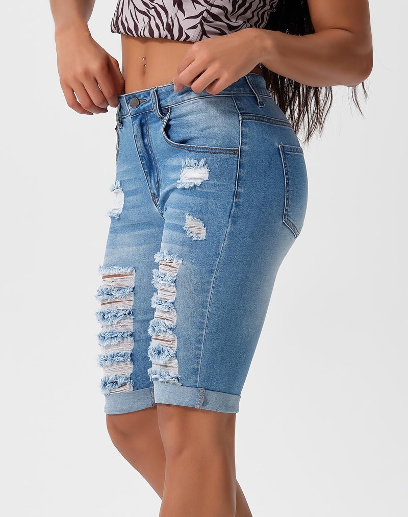 roswear Women's Distressed Ripped Mid Length Rolled Hem Shorts Jeans Blue XXL - Image 2